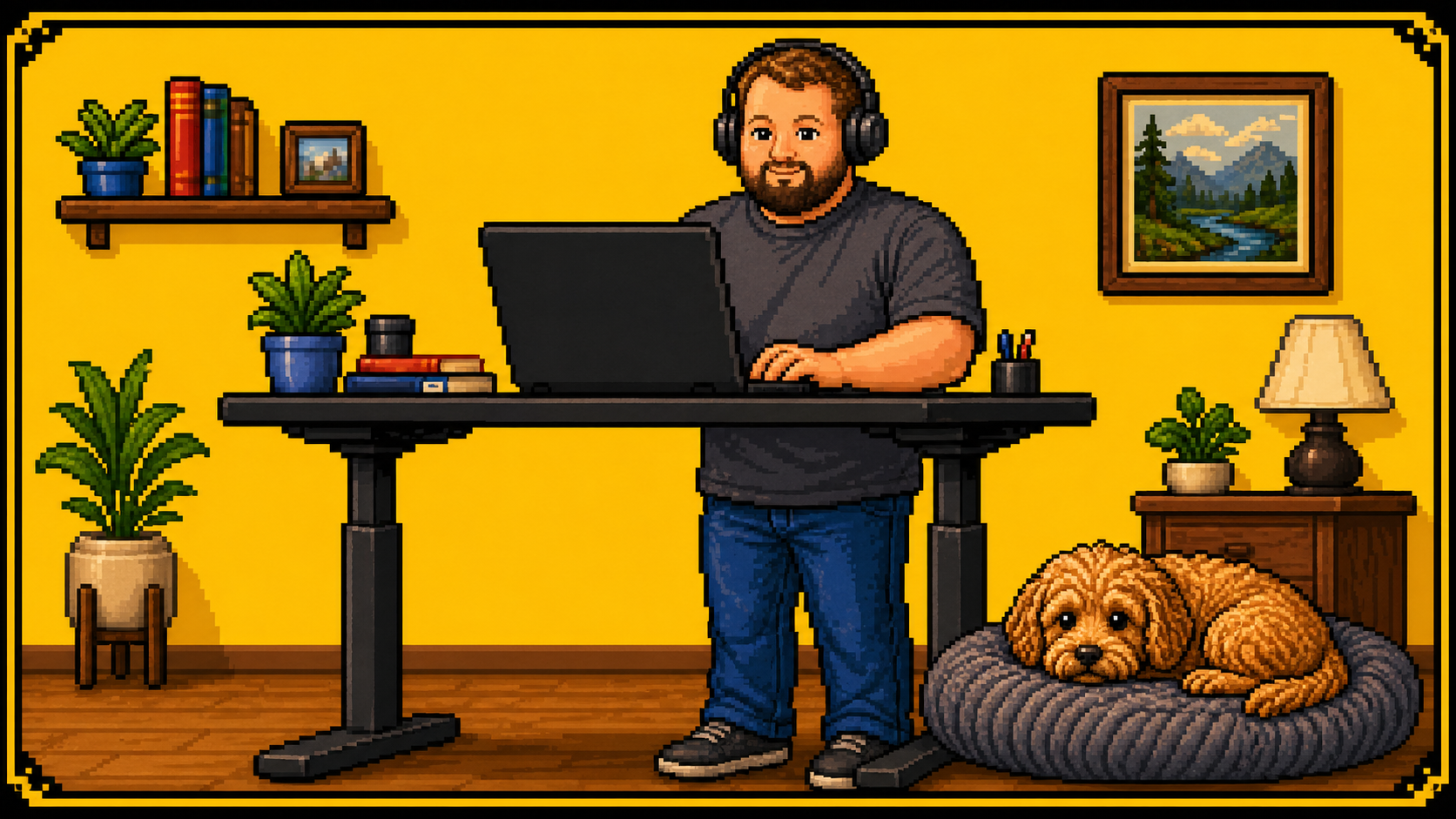 Pixel art of Josh working at a standing desk with a golden doodle